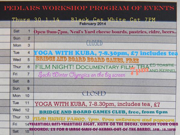 Lots going on <a href="/pedlarsworkshop/">The pedlars workshop</a> this week; Yoga, Bridge, Fargo and finishing up with a keg and DJ on Friday night