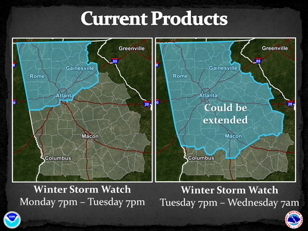 #callthesandman rt @NWSAtlanta: Could see a prolonged winter weather event. Two watches are in effect. #GAWX #ATL  ...