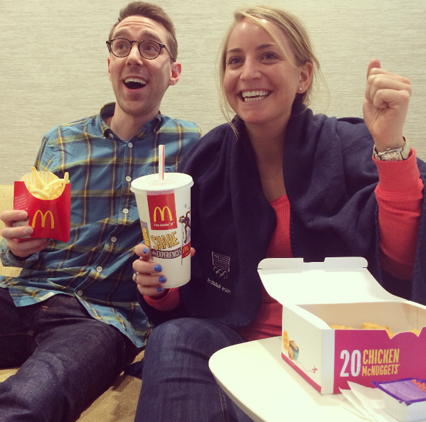 McDonalds's tweet photo. Which are you more excited for: Men’s Downhill or Figure Skating? Celebrate the moment with a tasty bite. http://t.co/TlFt620UzV