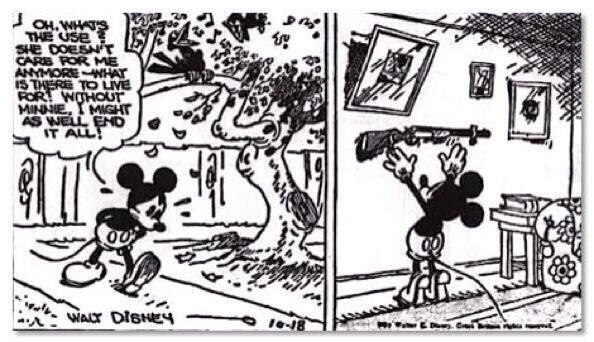 ImSubliminal's tweet image. In a 1930s Mickey Mouse comic, Minnie cheated on Mickey with another mouse. Mickey then tried to kill himself..