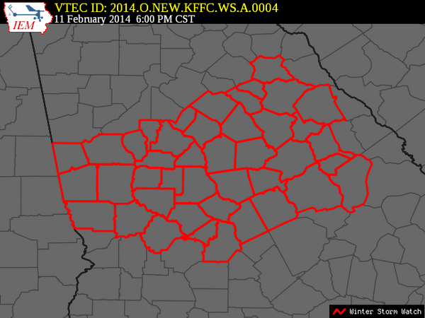 BradNitzWSB's tweet image. New winter storm watch added for these counties Tuesday evening through Wednesday morning. Significant icing possible