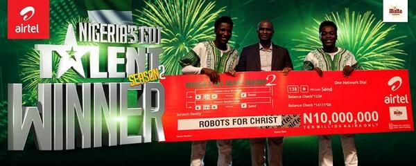naijagottalent's tweet photo. BEHOLD #NGT2 WINNERs!!! ROBOTS for CHRIST! http://t.co/VKpfJgwbQZ