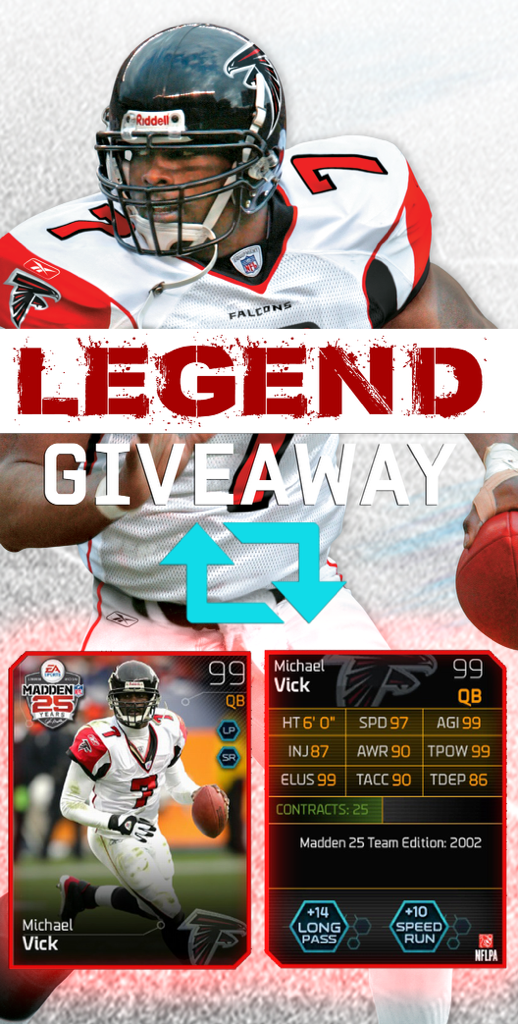 EASPORTS_MUT's tweet image. 99 OVR Vick Giveaway. RT for a chance to win! One winner will be selected at random in 30 minutes. #MUT