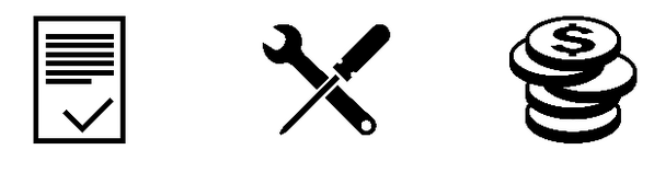 quality | practicability | price. icons CC-by: certificate: Alex WaZa; tools: Jeremy J Bristol; coins: Simple Icons