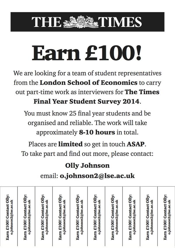 @jaystoll pls RT - Opportunity for 3rd year LSE UG's to make £100 parttime in a week #itsnotgoldmanbutitssomethin