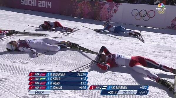 Cross country skiing finish line at the Winter #Olympics. Giving everything to be called #Olympic Champion. #pain