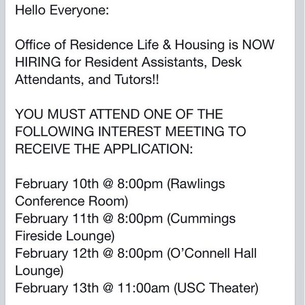 MSU_ResLife's tweet photo. Office of Residence Life &amp; Housing is NOW HIRING for Resident Assistants, Desk Attendants &amp; Tutors!! http://t.co/LUUMr6d4ru