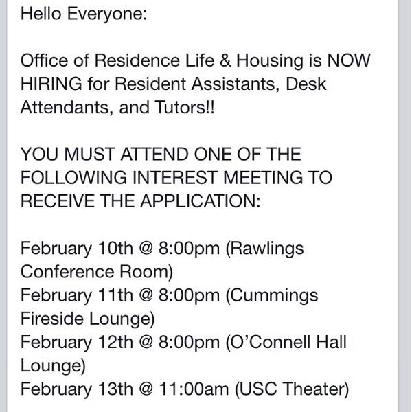 MSU_ResLife's tweet photo. You MUST attend one of the following meetings to receive an Application to become an RA,DA or Tutor !! @MSUFollowers http://t.co/qeEh0mPgCc