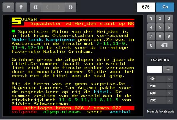 NOS Teletekst pagina 675: Squashster vd. Heijden stunt op NK #NKsquash