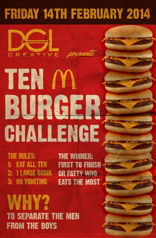 On Friday the DGL team are attempting the 10 burger challenge. It's simply 6 guys, 60 burgers and no vomiting!