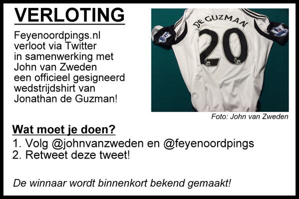 Feyenoordpings 🔴⚪️ (@feyenoordpings) on Twitter photo Binnenkort verloten we een gesigneerd wedstrijdshirt van Jonathan de Guzman! Retweet & volg <a href="/johnvanzweden/">John van Zweden</a> #Feyenoord Binnenkort verloten we een gesigneerd wedstrijdshirt van Jonathan de Guzman! Retweet & volg <a href="/johnvanzweden/">John van Zweden</a> #Feyenoord