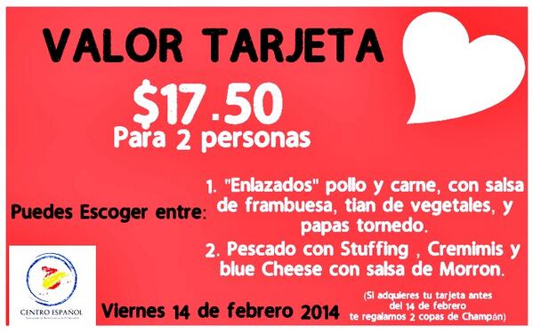 CentroEspanoles's tweet photo. Puedes adquirir tu tarjeta para el 14 de febrero, Tendremos música en vivo y promociones para ti. http://t.co/WIGVQ5Le7q