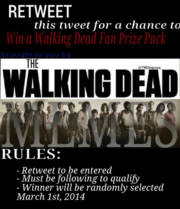 TWDmemes_'s tweet image. OFFICIAL FEB 2014 CONTEST TWEET.
RT this tweet to be entered. Contest begins now. Good luck, all! #TheWalkingDead