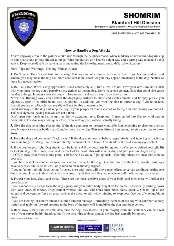 Shomrim's tweet photo. In light of recent #DogAttack, please see useful advice attached. Please RT http://t.co/7AHNjcKOh2