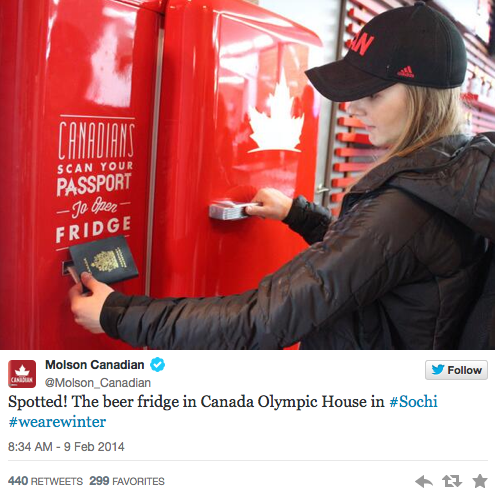 Yep, #TeamCanada has a beer fridge that can only be opened with a Canadian passport: yhoo.it/1lZ3uQW #Olympics