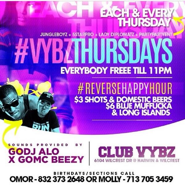Rockie_Smith's tweet photo. Each &amp; Every Thursday @ Club Vybz (6104 Wilcrest Dr) #VybzThursdays EVERYBODY FREE TIL 11 ! —-> http://t.co/m7PjMKCRRf