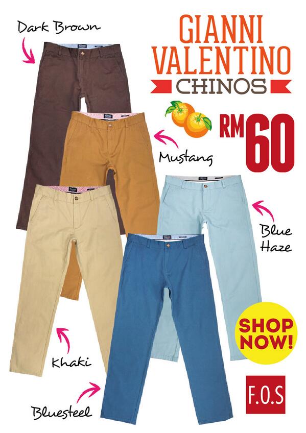 F.O.S on Twitter: "Gianni Valentino Men's #Chinos RM60 each. NOW available at #pants #trousers #khakis #CNY http://t.co/eqlJzHbD1Y" / Twitter