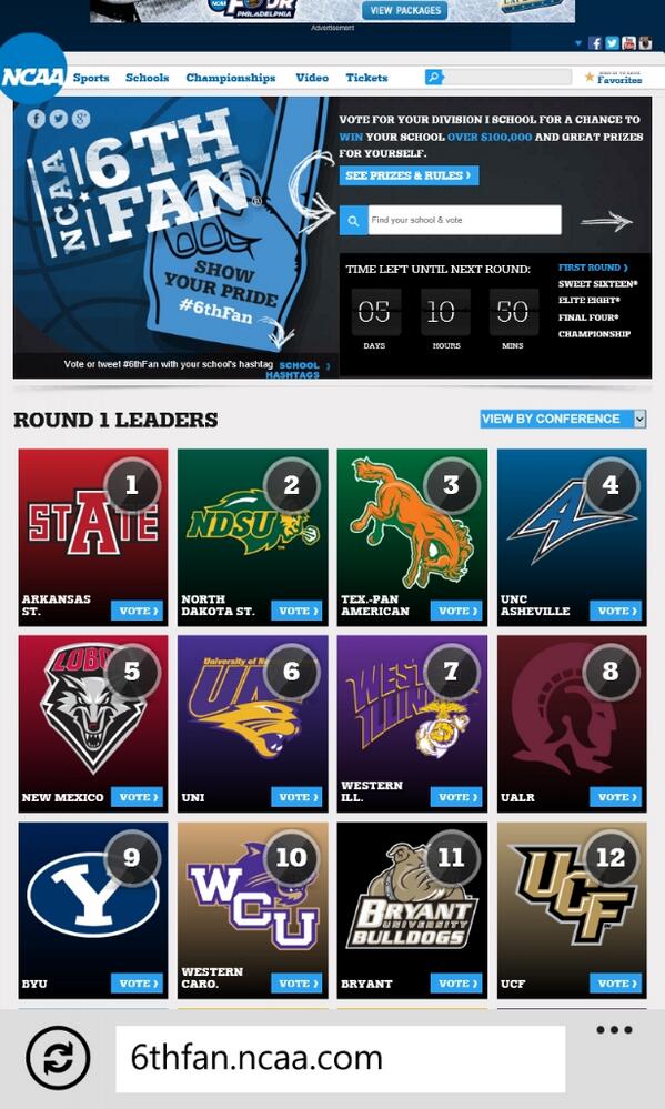 We've slipped to 11. If you care, go vote online. 6thfan.ncaa.com