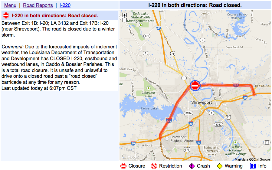 Dotd Road Closures Map The Weather Channel On Twitter: "Map Of I-220 Closure In Shreveport From  La. Dotd. Note It's Unlawful To Drive On A Closed Road In La.! #Pax  Http://T.co/Xel6Crkcjz" / Twitter