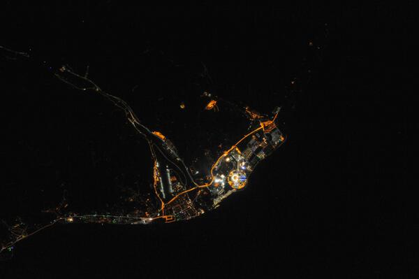 NBCNightlyNews's tweet photo. Incredible photo: Sochi Olympic Park as seen from the International Space Station - @NASA_Johnson http://t.co/1PeFC72pTY