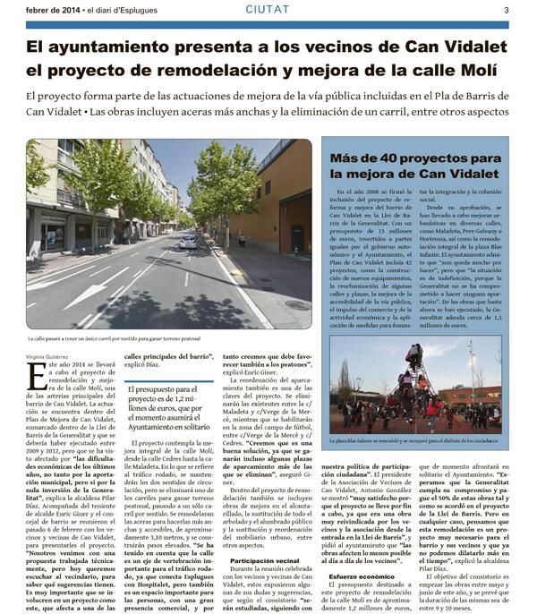 DiariEsplugues's tweet photo. La remodelación del carrer Molí, a Can Vidalet costarà prop d'1,3 milions d'euros http://t.co/8vtCt9dxCN