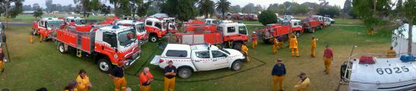 NSWRFS's tweet photo. #NSWRFS trucks staging in Seymour for #vicfires http://t.co/uqzsOQ0f8Y Thanks to Colin (@_p1_) for  the pic.