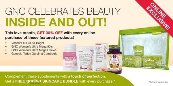 GNC Phil has an EXCLUSIVE ONLINE PROMO. A month long discount on women's products plus FREE gifts from #godivaskinph!