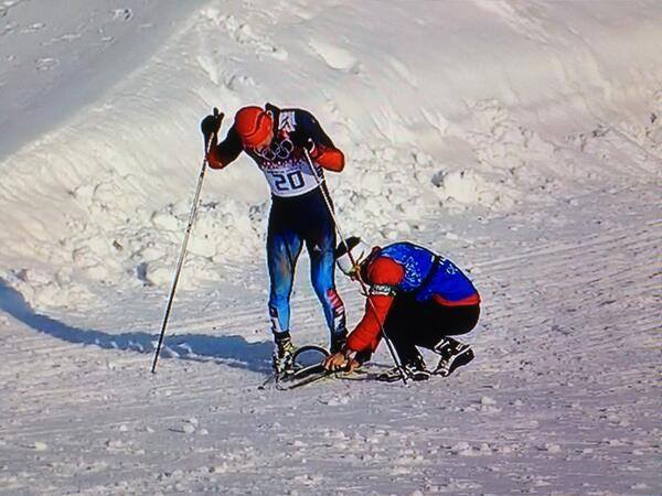 True #Olympics spirit: Russian cross-country skier breaks his ski in a fall. Canadian coach gives him his own ski.