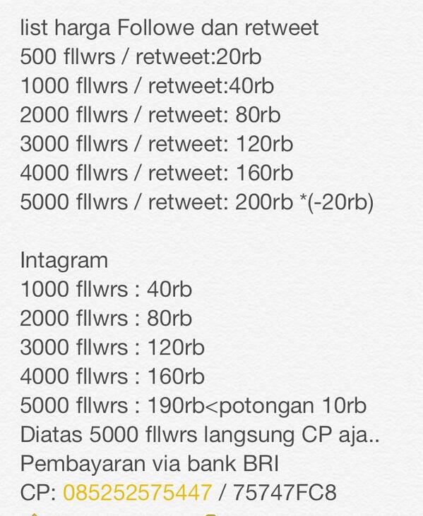 JualFllwrs's tweet photo. Follower murah berkualitas !!
Cek list harga kita ya di pic. Minat? Ini CP kita : 085252575447 / 75747FC8 http://t.co/R1iMkQxzzq