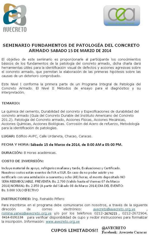 AVECRETO's tweet image. SEMINARIO DE PATOLOGÍA DEL CONCRETO NIVEL I . CARACAS. SÁBADO 15 DE MARZO 2014 info avecreto1@gmail.com