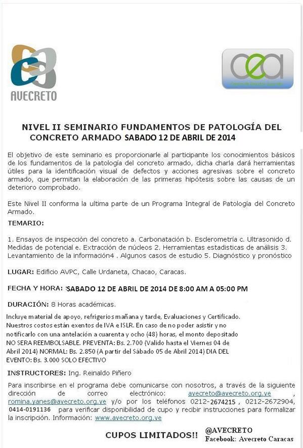 AVECRETO's tweet image. SEMINARIO DE PATOLOGÍA DEL CONCRETO NIVEL II . CARACAS. SÁBADO 12 DE ABRIL 2014 info avecreto1@gmail.com