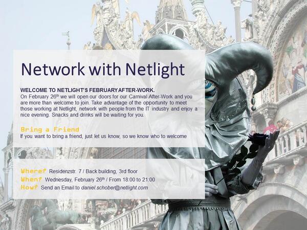 Andykieltsch's tweet photo. Join us at our next AFTERWORK @Netlight Munich on Feb. 26th at 6pm! Drinks &amp; Snacks provided :) http://t.co/krDZXRrB5A