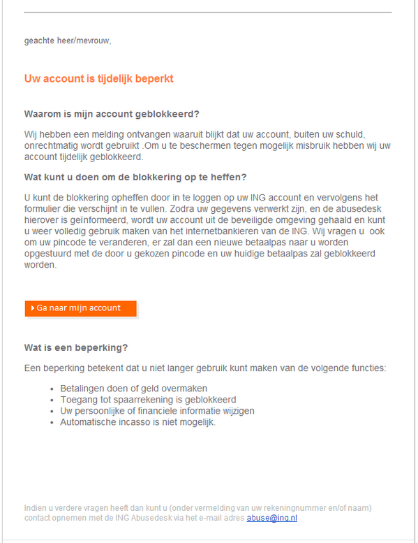 eefjeferinga's tweet photo. @ingnl is deze phishing mail die sinds vandaag de rondte doet al bij jullie bekend? http://t.co/6Cxqlsj6Wv