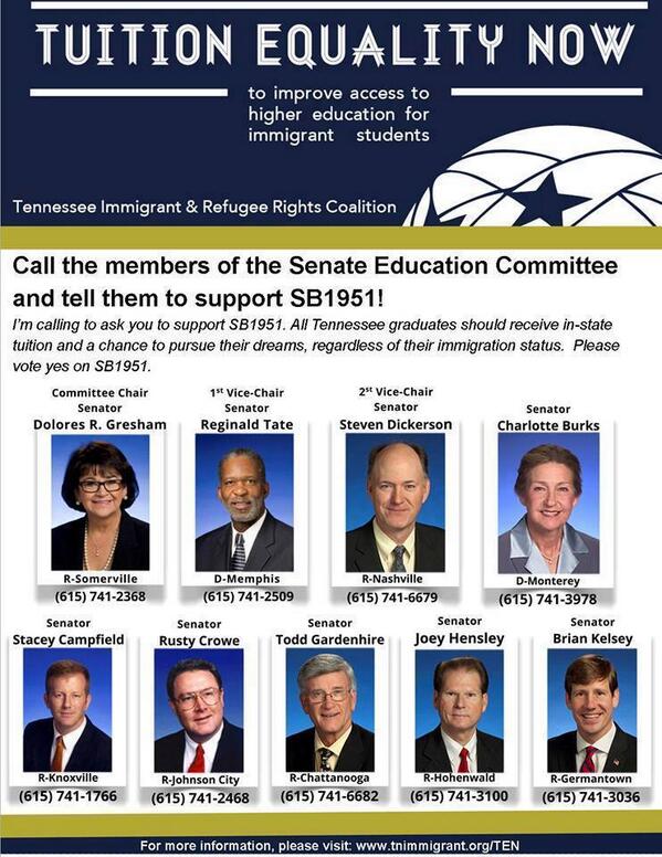 TuitionEquity's tweet image. Call now to ask #Tennessee Senators 2 support #TuitionEquity legislation SB1951 that could be voted on this afternoon