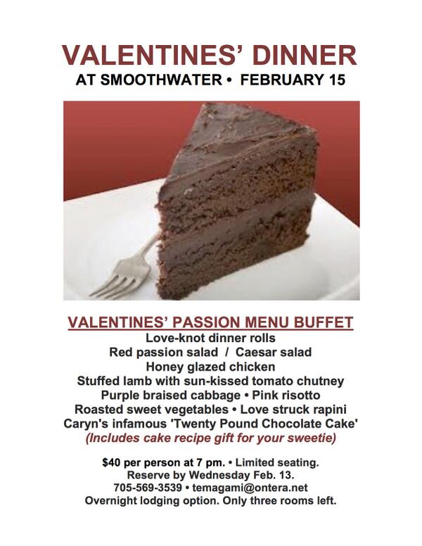 SmoothTemagami's tweet photo. Valentines day dinner menu this week at Smoothwater. http://t.co/47CuYvYijQ