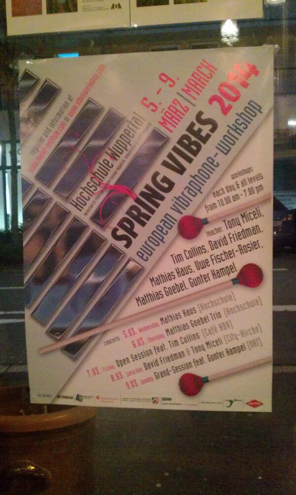 CafeAdaWtal's tweet photo. 5. - 9. März im #CafeAda:
#SpringVibes 2014 - “European Vibraphone-Workshop“ von der Hochschule #Wuppertal.

#Musik http://t.co/E6KxcjPvSN