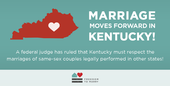 freedomtomarry's tweet photo. Federal judge rules #Kentucky must respect same-sex couples’ legal marriages! RT to celebrate http://t.co/C7gQrBsAxE http://t.co/QZKiqVSpxC