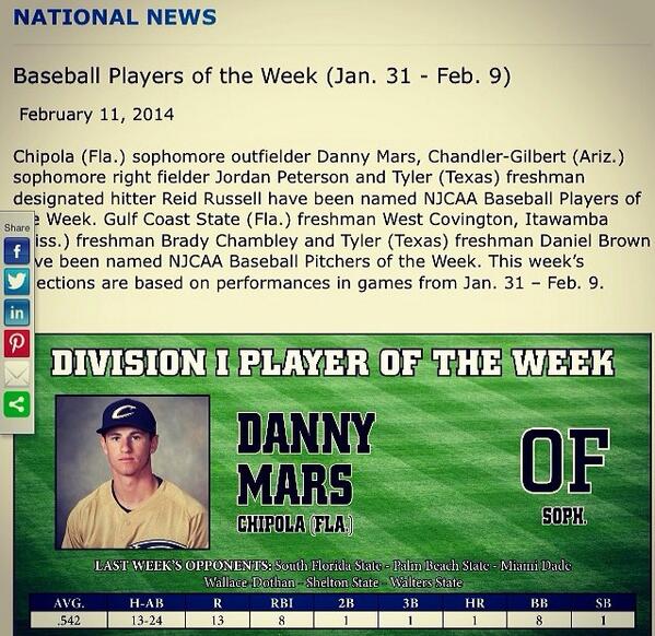 EricSkoglund25's tweet photo. Congrats to my best friend @Dmars22 for being National Juco Baseball Player of the Week! #ComeToUCF #UnrealNumbers http://t.co/42eL1YNpTo