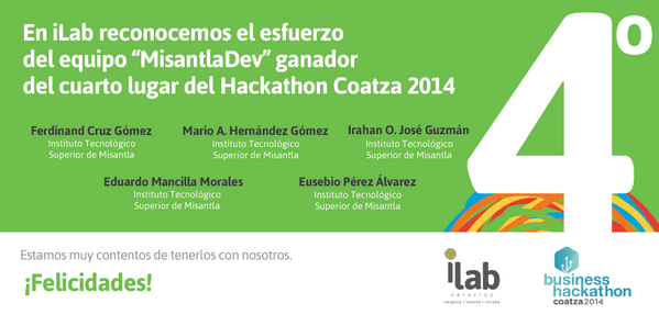 hubilab's tweet photo. Ganadores del 4to lugar de @hackcoatza ¡Muchas felicidades!  #YoSoyiLab #1erGeneracióniLab http://t.co/Qh2XxoxbLF