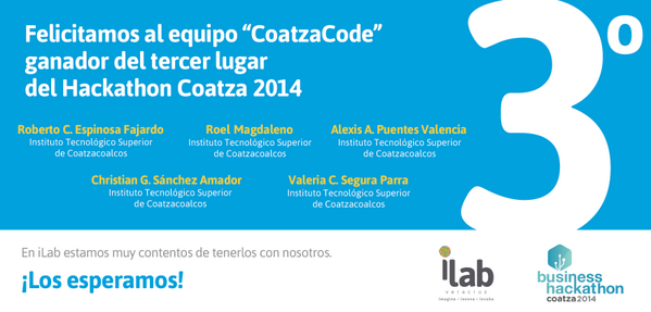 hubilab's tweet photo. Ganadores del 3er lugar de @hackcoatza ¡Muchas felicidades!  #YoSoyiLab #1erGeneracióniLab http://t.co/ANZl61ckLz