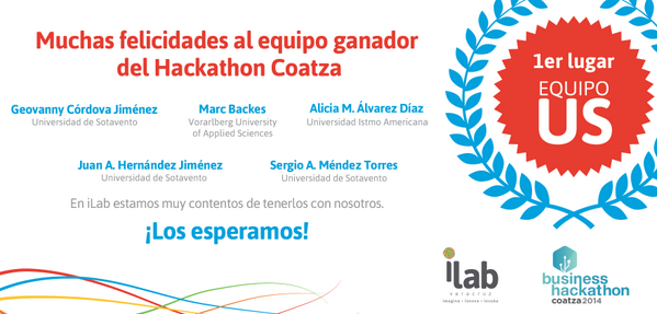 hubilab's tweet photo. Ganadores del 1er lugar de @hackcoatza ¡Muchas felicidades!  #YoSoyiLab #1erGeneracióniLab http://t.co/Dw8jmXj1yK