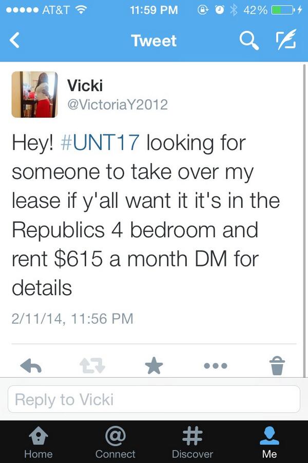 VictoriaY2012's tweet photo. Anybody if you looking for a place to stay next semester please take my lease #UNT17 #UNT16 #UNT15 http://t.co/IGJ4OaAU1Q