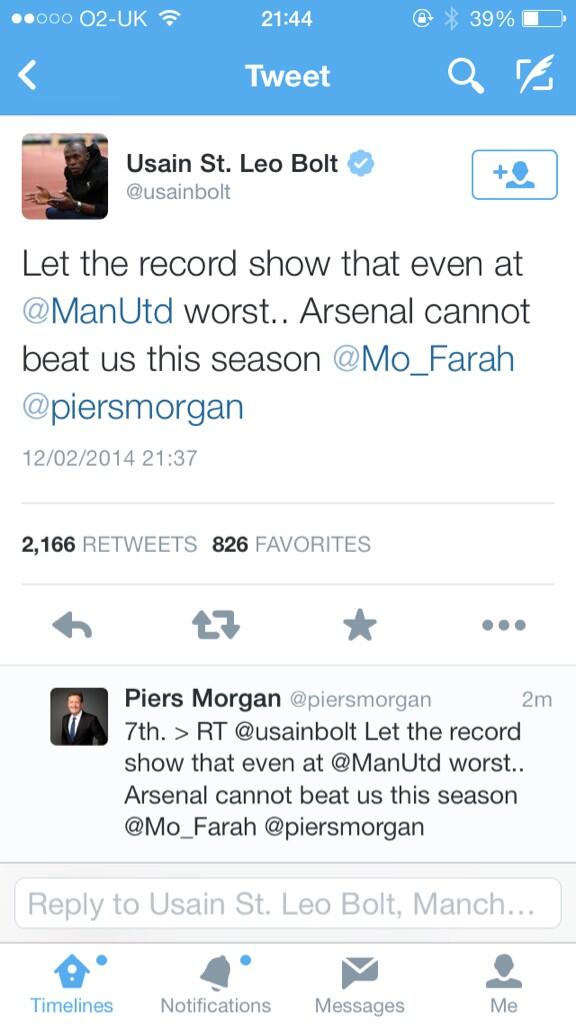 Man United fan Usain Bolt mocks Arsenal on Twitter, Piers Morgan swiftly reminds him of league position BgTiVLOIIAAJxEx Man United fan Usain Bolt mocks Arsenal on Twitter, Piers Morgan swiftly reminds him of league position