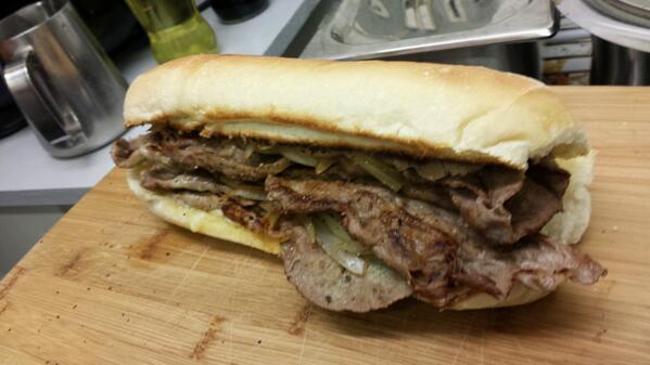 CafeCleo's tweet image. Another customer braved our Triple Steak Baguette monster