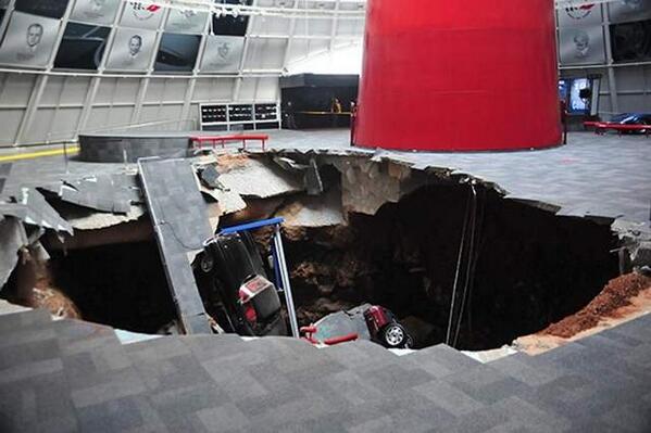Enquirer's tweet photo. ICYMI: Sinkhole collapsed part of the National @CorvetteMuseum in Kentucky today: http://t.co/T4QygI0egJ http://t.co/CvoJgBPZoB