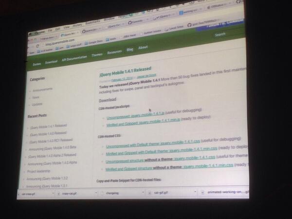 tjvantoll's tweet image. The ultimate live demo. The @jquerymobile team released 1.4.1 during @alexrschmitz's talk. #jqcon