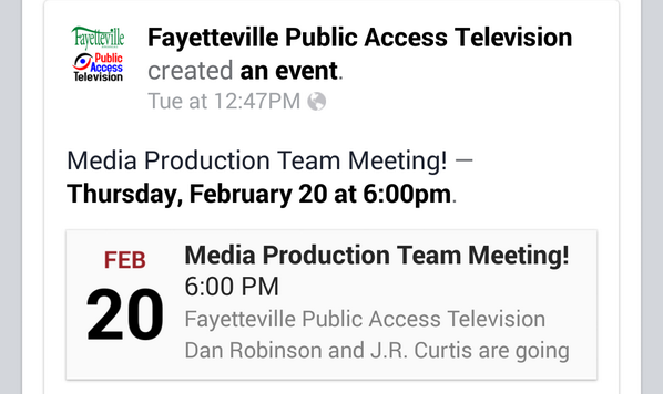 FayPubTV's tweet photo. ATTN Fayetteville producers, graduates of FPAT courses, you are invited to Media Production Team meeting. http://t.co/533qsV7a9l