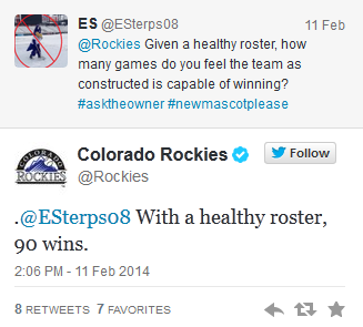 CBSNewsColorado's tweet photo. How do you think the @Rockies will do this year? Interesting #AskTheOwner Q&A w fans: http://t.co/5DzmM3mbaf #Rockies http://t.co/8zl1nra9Pa