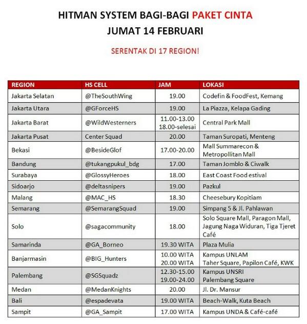 Jam &amp; lokasi bagi-bagi #PaketCinta di 17 wilayah Indonesia dalam rangka hari Valentine besok!