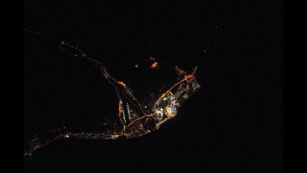 Wow! How cool is this!?! &gt; A view of the Olympic Park at night from the International Space Station via <a href="/NASA/">NASA</a>